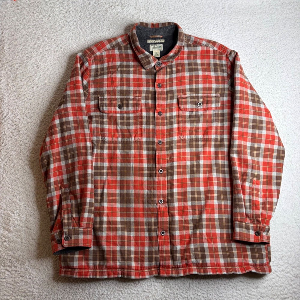 LL Bean Mens XXL Reg Fleece Lined Flannel Shirt Jacket Plaid Red Brown 298189